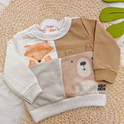 Conj. Blusão Raposa com Urso e Calça de Moletom - Areia e Marrom